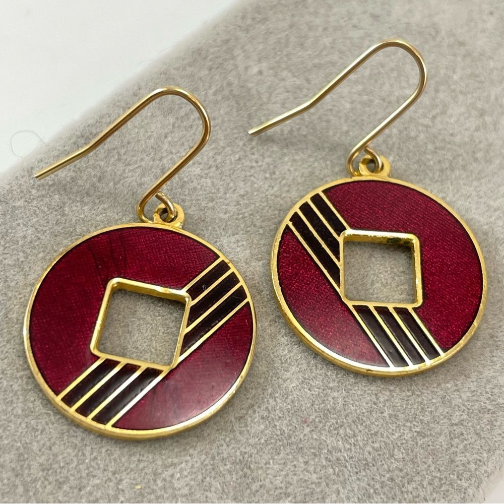 Beautiful Roman Gold Tone Red Black Enamel Hook Back Dangle Earrings